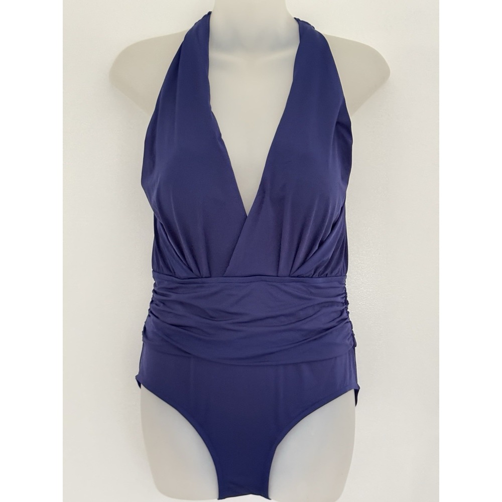 BADGLEY MISCHKA Swimsuit Sz 10 Blue 1-Piece Halter Ruched Padded Bathing Sliming